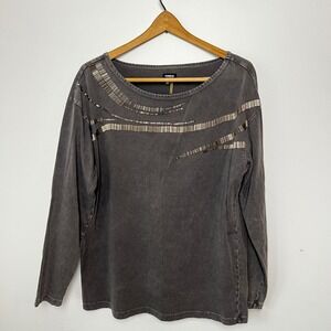 Tribal DeNIME Womens Gray Acid Wash Beaded Long Sleeve Top Medium Bugle Beads
